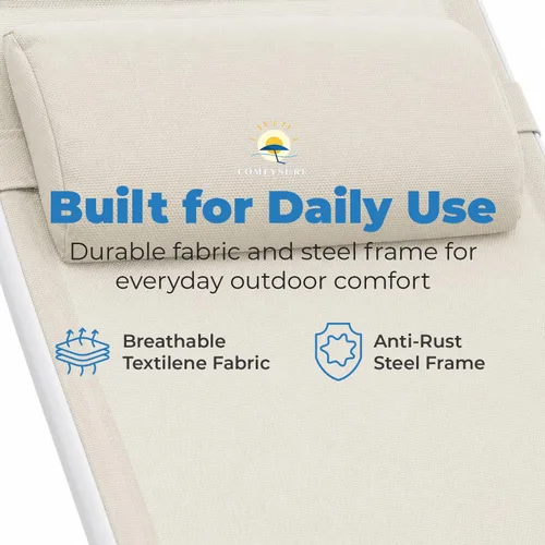 Vista 5 de ComfySure Juego de 2 sillas de aluminio reclinables de textileno de 4 posiciones con almohada y reposabrazos, apilables, resistentes a los rayos UV