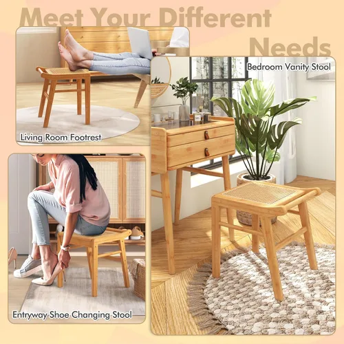 Vista 8 de CHARMAID Taburete de tocador, reposapiés otomano de bambú con asiento de ratán, almohadillas antideslizantes, banco de silla de tocador