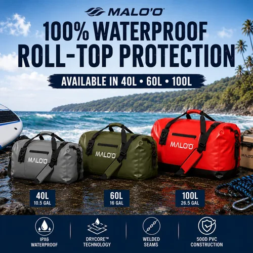 Vista 2 de Bolsa de lona impermeable Malo’o, bolsa de equipo resistente enrollable impermeable con correas para el hombro y bucles Molle, bolsa marina de lona