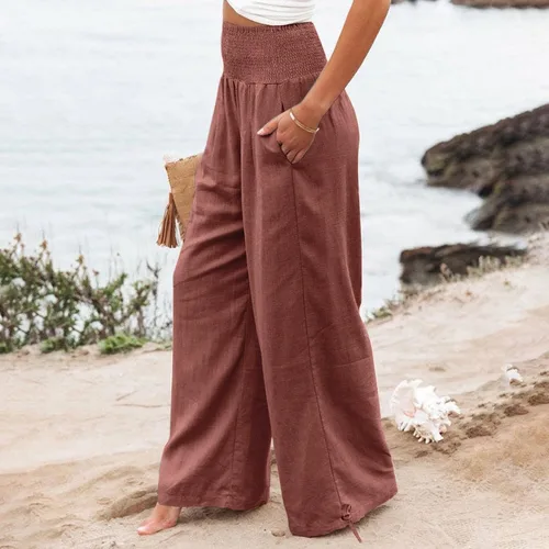 Vista 6 de Cotton Linen Pants Women's Casual Wide Leg Palazzo Pants, Casual High Waisted Palazzo Pants with Pockets