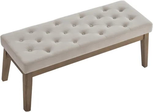 Vista 9 de 24KF Banco de Entrada Tapizado en Terciopelo con Botones Capitoné con Patas de Madera Maciza, Banco de Cama Otomano con Asiento Acolchado, 5034-Taupe