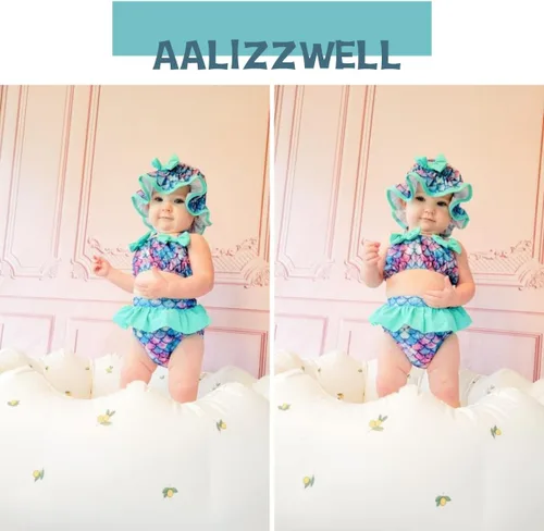 Vista 2 de Aalizzwell Conjunto de bikini de 3 piezas para niñas pequeñas con sombrero