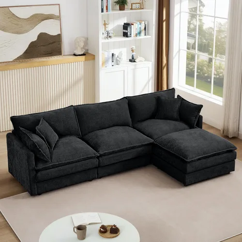 Vista 12 de Sofá modular beige en forma de L, moderno sofá convertible en forma de L de 3 plazas de chenilla suave, cómodo tapizado con juego otomano extraíble