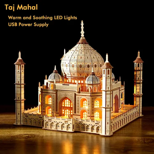 Vista 2 de Taj Mahal - Rompecabezas de madera 3D 388 piezas, kit de construcción de arquitectura de luz LED, sin pegamento, modelo de bricolaje, decoración
