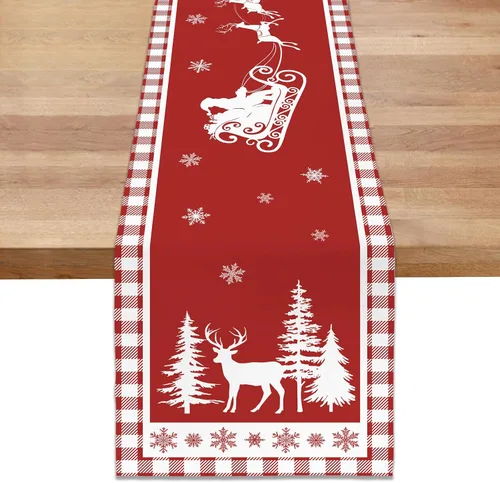 Vista 8 de Bonhause Camino de mesa de reno de Navidad de 13 x 72 pulgadas, trineo de Papá Noel, rojo, dorado, temporada de invierno, vacaciones, cocina
