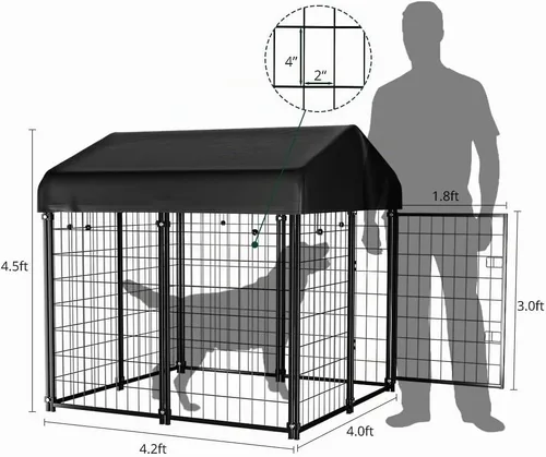Vista 2 de Perrera exterior con techo, 4'x4'x4.5' Perrera para perros al aire libre Heavy-duty Welded Steel, UV-resistant Waterproof Cover, Secure Lock, Dog
