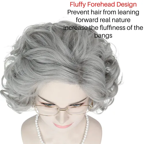 Vista 5 de MISS U HAIR - Peluca de anciana y accesorios, peluca de disfraz de abuela para abuela, peluca corta y rizada gris para cosplay, peluca de fiesta