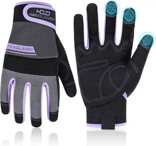 Vista 7 de HANDLANDY Guantes de trabajo para mujer, guantes de jardinería de cuero transpirable para mantenimiento de patio, protección de manos con pantalla