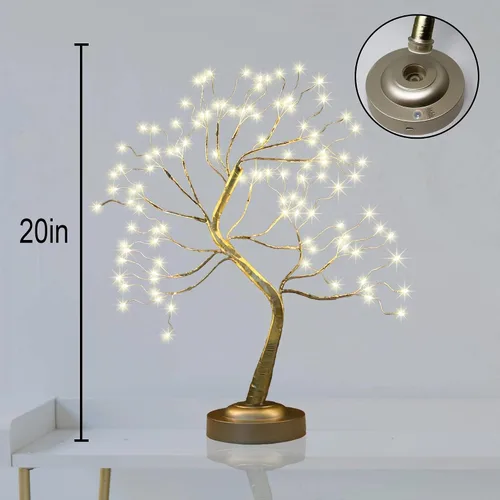 Vista 6 de Luz de árbol de bonsái dorada mate de 20 pulgadas, lámpara de mesa de árbol de luz de hadas artificial, ocho modos de iluminación, funciona con USB