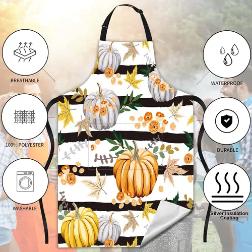 Vista 4 de Delantal de rayas de flores de calabaza con hojas de otoño, regalos para mujeres, delantal con cuello ajustable, impermeable, para mujeres