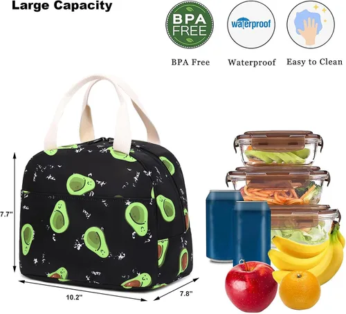Vista 2 de Lonchera aislada con aguacate para mujeres y niñas, lonchera reutilizable, bolsa de picnic para adultos, niños, escuela, trabajo, viajes