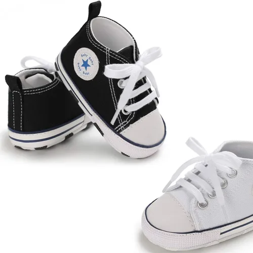 Vista 4 de KIDSUN - Zapatos deportivos unisex de caña alta para bebés, mezclilla de lona, suela antideslizante, suaves, para los primeros pasos
