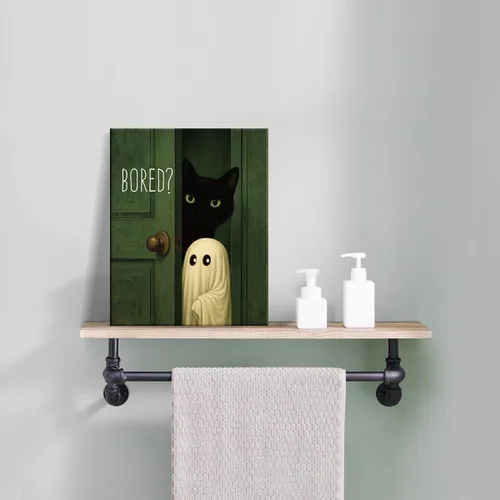 Vista 6 de Divertido arte de pared de baño con fantasma, gato y fantasma, bonita decoración de pared de baño de Halloween, divertida obra de arte de gato