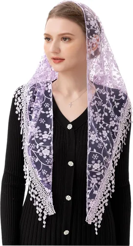 Vista 10 de Velo de Encaje Triangular Mantilla Catedral de PAMOR para Cubierta de Cabeza, Velo de Capilla para Misa, Novias, Damas de Honor beige y negro
