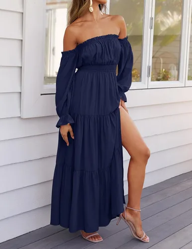 Vista 16 de ZESICA - Vestido largo, bohemio y sexy, con hombros descubiertos y manga larga fruncida, con elástico fruncido, cintura alta y abertura lateral
