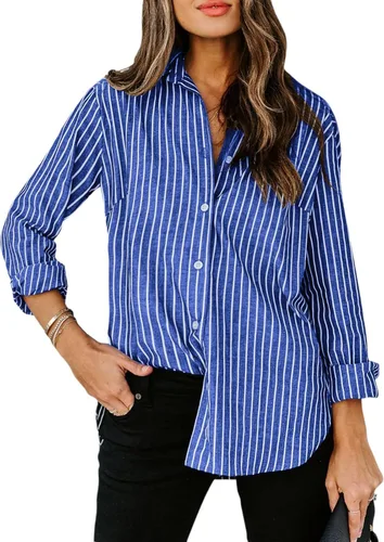 Vista 13 de Siliteelon - Camisas de botones para mujer, camisa de vestir a rayas de algodón, de manga larga, cuello con solapa, para oficina y trabajo