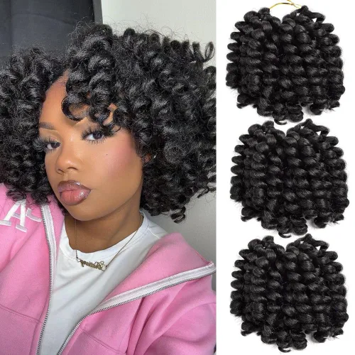 Vista 2 de Trenzas de ganchillo 2X Ringlet Jumbo Wand Curl 3 unids/lote 8 pulgadas 20 raíces Jamaicana Rizo en espiral trenzado trenzado sintético senegalés 1b