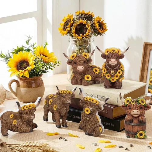Vista 3 de Tradder 6 piezas de decoración de mesa de vaca de las tierras altas de girasol, letrero de madera de vaca de las tierras altas de primavera, centro