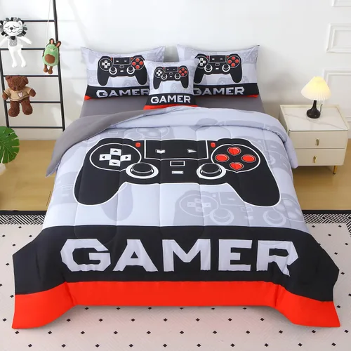 Vista 19 de JQinHome - Juego de edredón Gamer individual para niños y niñas, juego de cama en una bolsa de 6 piezas con diseño de videojuego 3D - Juego de ropa