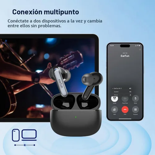 Vista 5 de Auriculares inalámbricos EarFun Air 2, controladores de 10mm con auriculares Bluetooth LDAC, audio de alta resolución, Bluetooth 5.3 con conexión