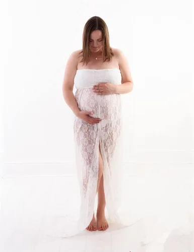 Vista 4 de Wamvp - Vestido de maternidad para sesión de fotos, para mujeres embarazadas, con encaje y hombros descubiertos, vestido de maternidad para sesión