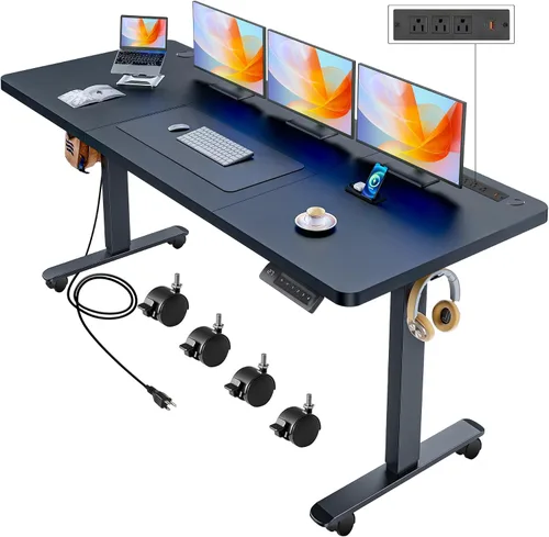 Vista 20 de Escritorio eléctrico de altura ajustable de pie, escritorio de sentarse y pararse de 48 x 24 pulgadas con toma de corriente, 2 puertos USB, 3 tomas