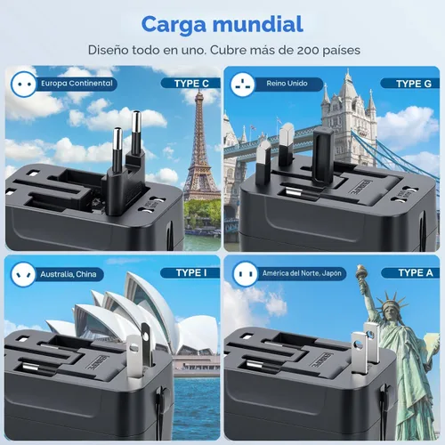 Vista 2 de Adaptador de viaje, VCOO Universal todo en uno Todo el Mundo Viaje Adaptador de alimentación, Negro