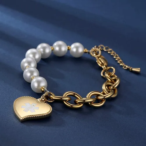 Vista 2 de mnmoom Elegantes pulseras de identificación médica con cuentas de perlas de imitación con corazón de alerta médica para mujer, Metal, no conocido