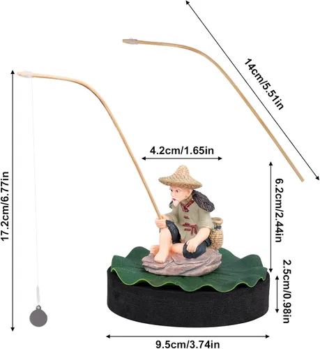 Vista 2 de Decoración flotante para pecera, figura de acuario de pescador con base de hoja de loto y caña de pescar divertido alimentador de peces estatua