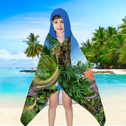 Vista 5 de Toalla con capucha de dinosaurio, toalla de playa de dinosaurio para niños de 30 x 50 pulgadas, microfibra T-Rex absorbente de secado rápido