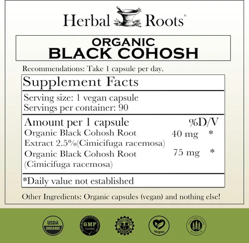 Vista 2 de Herbal Roots Raíz de cohosh negro orgánico Extra fuerte Menopausia y apoyo menstrual para mujeres 90 cápsulas, vegano