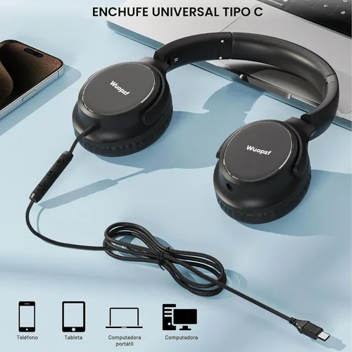 Vista 6 de Auriculares con cable USB C sobre la oreja con micrófono, control de volumen, puerto compartido y diadema ajustable, auriculares estéreo plegables