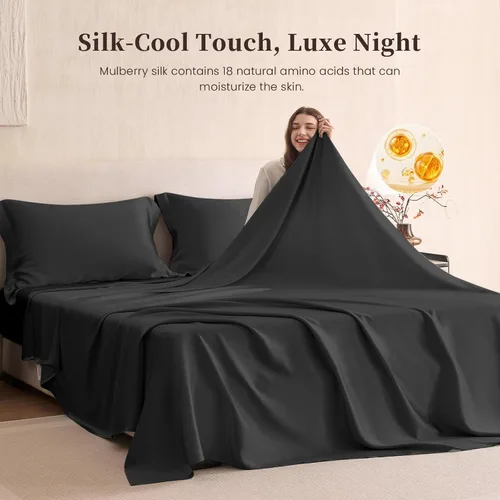 Vista 6 de THXSILK Juego de sábanas de seda de 4 piezas, sábanas de seda de morera 100% natural de grado superior 6A+, juegos de ropa de cama de lujo, ultra