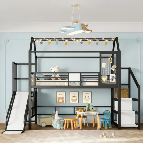 Vista 3 de Bellemave Cama Loft de Metal Tipo Casa Tamaño Twin con Tobogán y Escaleras, Marco de Cama Loft Casa de Juegos de Servicio Pesado con Estantes