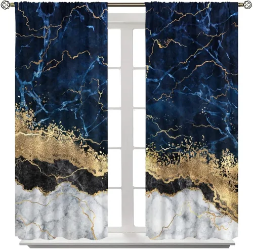 Vista 8 de Cortinas abstractas de mármol de lujo de lujo azul marino dorado a rayas con patrón de mármol estampado para dormitorio, sala de estar, cortinas