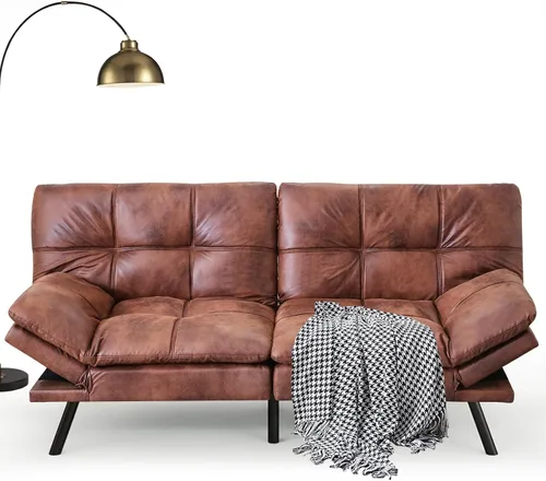 Vista 5 de Opoiar Sofá cama de piel sintética, futón de espuma viscoelástica, plegable, sofá compacto acolchado con patas de metal, moderno sofá biplaza Marrón