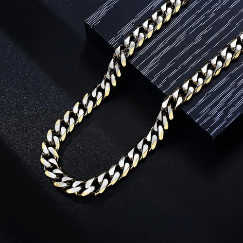 Vista 15 de YAMI Cadena de eslabones cubanos para hombre, azul/negro/oro de 14 quilates, acero inoxidable de 0.394-0.472 in de grosor, collar de cadena