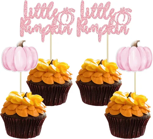 Vista 20 de Gyufise 24 adornos para cupcakes de calabaza rosa, decoración de pastel de baby shower, decoración para baby shower con temática de calabaza