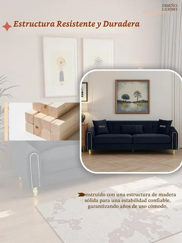 Vista 4 de Sofá de terciopelo de 87.5 pulgadas, sofá de 3 plazas, cómodo y moderno, con 3 almohadas suaves, sofá tapizado para sala de estar, dormitorio 2