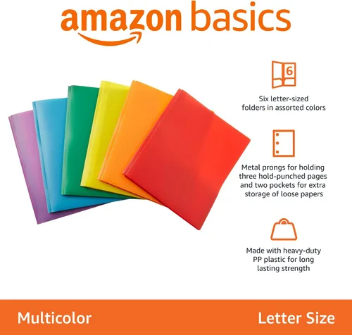 Vista 2 de Carpetas Amazon Basics de plástico resistente con 2 bolsillos para papel tamaño carta, colores surtidos, paquete de 6