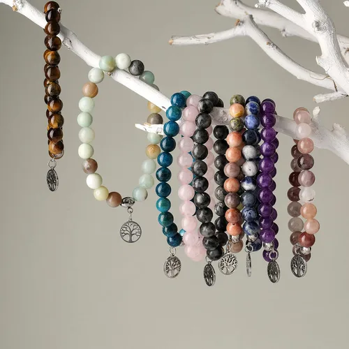 Vista 3 de Hevont Regalos de árbol de la vida para mujeres, pulseras de relajación curativas de piedra natural de 0.315 pulgadas (0.315 in), piedras de cristal