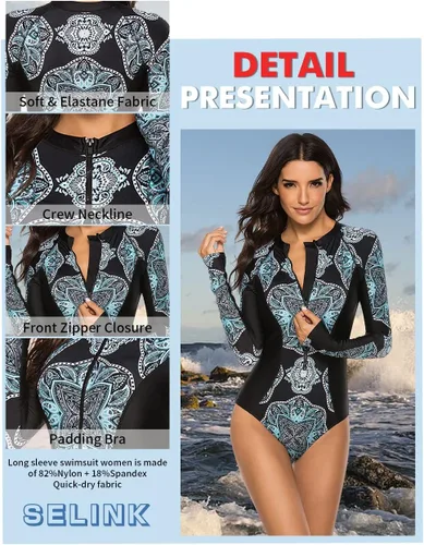 Vista 4 de SELINK Traje de baño de una pieza de manga larga para mujer, protección UV, con cremallera, estampado de surf