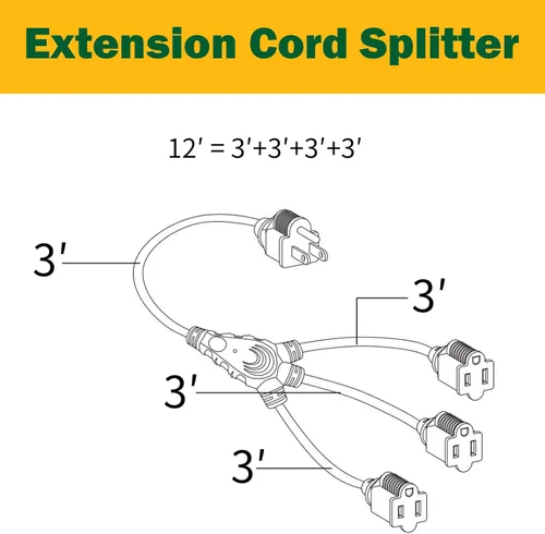 Vista 3 de Cable de extensión para exteriores con múltiples tomas, cables de extensión negros de 1 a 3 divisores de 12 pies, cable SJTW 16/3 resistente a