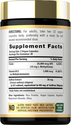 Vista 2 de Carlyle L Metilfolato de 15 mg 60 cápsulas con metilo B12 y azafrán Vegano, sin OMG, suplemento sin gluten por Opti-Folate