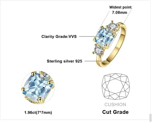 Vista 2 de JewelryPalace Anillo de compromiso de plata de ley 925 de topacio azul genuino de 2.6 quilates de corte cojín para ella, de oro blanco de 14