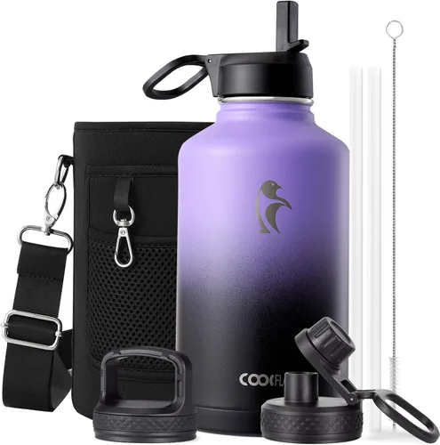 Vista 126 de Coolflask Botella de agua de 24 onzas aislada con pajilla, 3 tapas de metal de acero inoxidable, botella de agua de boca ancha para deportes u