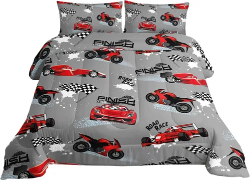 Vista 3 de Juego de edredón para niños Axolotl, tamaño individual, juego de ropa de cama con diseño de autos de carreras para niños, niñas, adolescentes