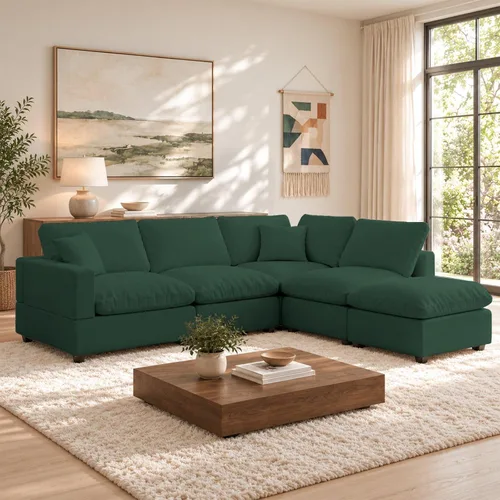 Vista 10 de Sofá seccional moderno de lino en forma de L para sala de estar, sofás modulares con relleno de plumón, fundas de cojín de sofá desmontables, sofá
