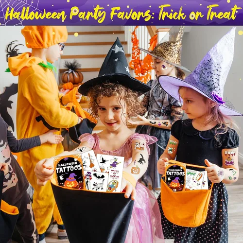 Vista 6 de Leesgel Decoraciones de Halloween – Tatuajes temporales para niños (12 hojas), calcomanías luminosas de tatuaje falso para niños y niñas, regalos