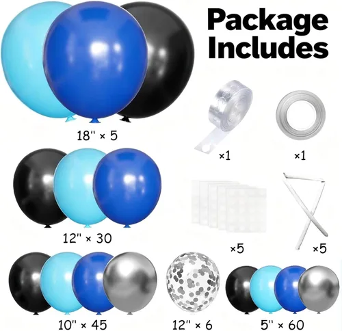 Vista 2 de Kit de arco de globos, 146 globos negros, azules, plateados, blancos, de 18, 12, 10, 5 pulgadas, globos de diferentes tamaños para cumpleaños